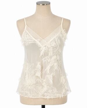 Ivory Sheer Embroidered Camisole Top Y2K Floral Fringe Spaghetti Strap